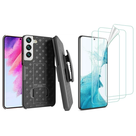 Belt Clip Case and 3 Pack Screen Protector for Samsung Galaxy S22 - Swivel Holster TPU Film Kickstand Cover Anti-Glare Fingerprint Works