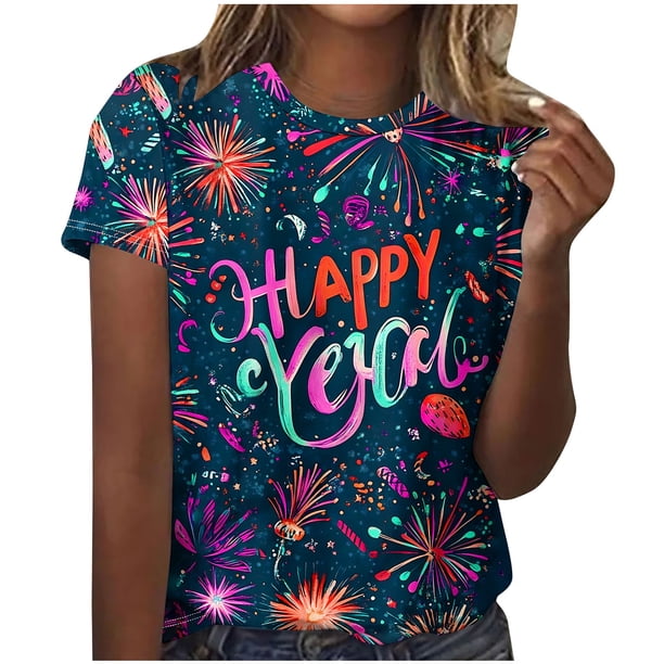 Camisetas Casuales de Mujer Año Nuevo Impreso Suéter de Manga Corta Cuello Redondo, Top de Moda para el Uso Diario