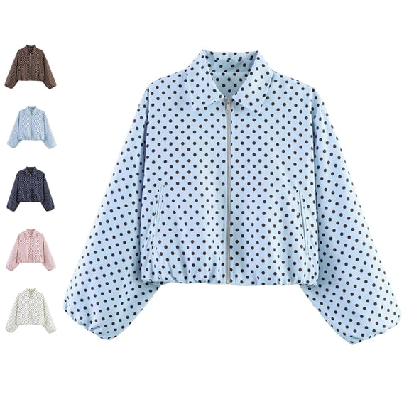 TGSLY Women's Cropped Bomber Jacket Lightweight Collared Zip Up Polka Dot Jacket with Pockets Loose Casual Long Sleeve Coat with Elastic Cuffs L