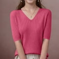 thumbnail image 2 of Knit Summer Shirt Women V Neck Short Sleeve Pullover Sweater Casual Loose Solid Color Fashion Knitted Tshirts (Hot Pink XL), 2 of 3