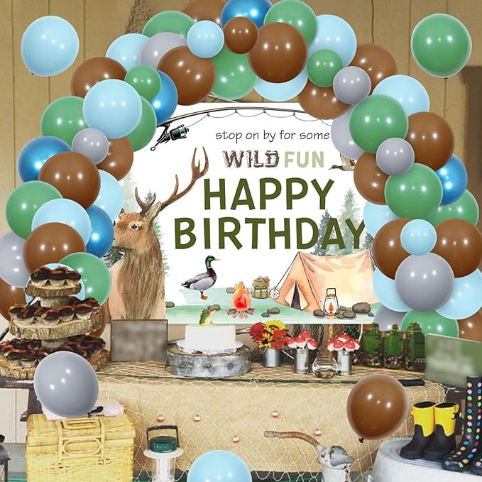 Hunting Fishing Birthday Decorations Boy, Fishing Theme Birthday Party Decorations, Green Blue Brown Balloon Arch with Wild Backdrop Deer Fish Outdoor Adventure Camping Background
