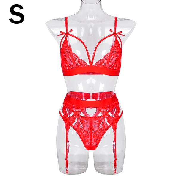 Conjunto de ropa interior de encaje floral de 3 piezas para mujer, sujetador sexy, bragas, liguero, rojo, S Speravity XX000052-01