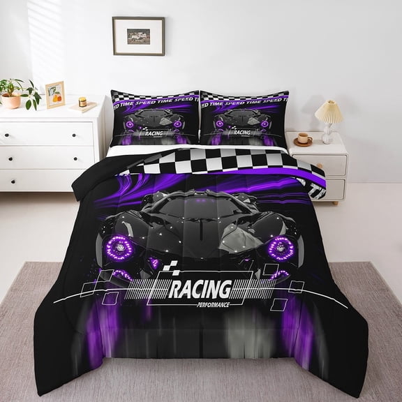 Erosebridal Sport Car Bedding Twin Comforter Set,Buffalo Plaid Down Comforter,Extreme Sport Bedding Sets Twin with Comforter,Microfiber Car Room Decorative,Reversible,3pcs