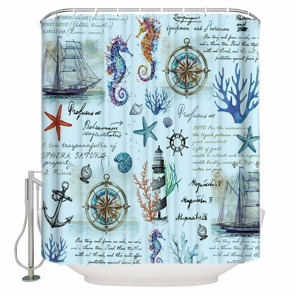 Fabric Shower Curtain, Blue Ocean Coral Seahorse Sailboat Compass Anchor Lighthouse Shower Curtains with 12 Hooks Waterproof Machine Washable Bath Curtains for Bathroom,54 x 78in