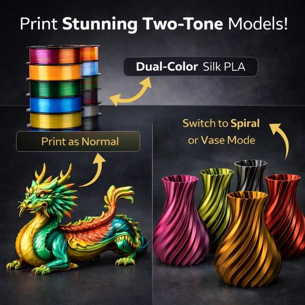 18 Rolls Dual Color Silk PLA Filament Set, 1.75mm Glossy Shiny Co-Extrusion 3D Printer Filament for Art & Decorative Prints
