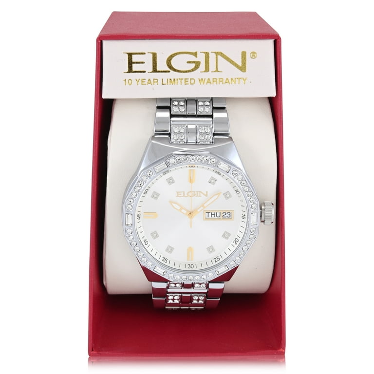 Elgin Adult Men's Silver and Crsytal Round Case Watch with Date