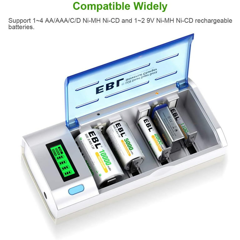 Præsident Post udbrud EBL Smart Battery Charger for C D AA AAA 9V Ni-MH Ni-CD Rechargeable  Batteries with Discharge Function & LCD Display - Walmart.com