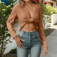 thumbnail image 4 of Women's V Neck Long Sleeve T Shirt Loose Fit Casual Off Shoulder Top with Waist Tied Hem for Daily Wear, 4 of 5