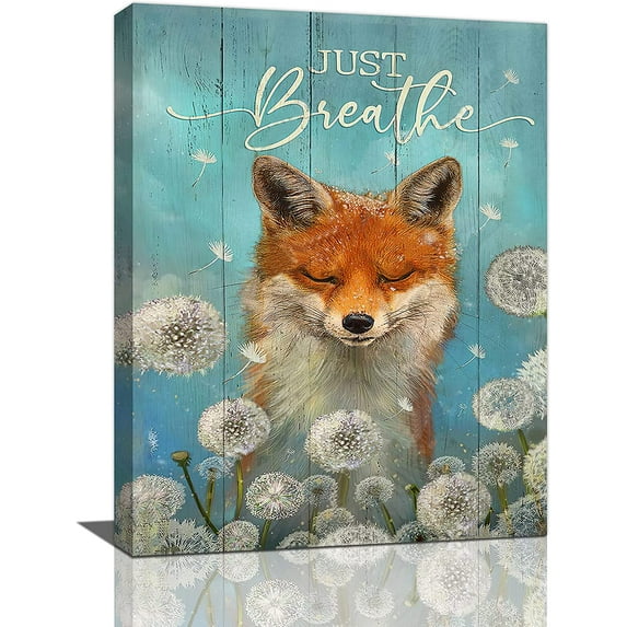 Bathroom Decor Wall Art Cute Orange Fox and White Dandelion Pictures Wall Decor Farmhouse Light Blue Orange Bathroom Decor Just Breathe Painting Canvas Prints Modern Home Framed Artwork 12"x16"