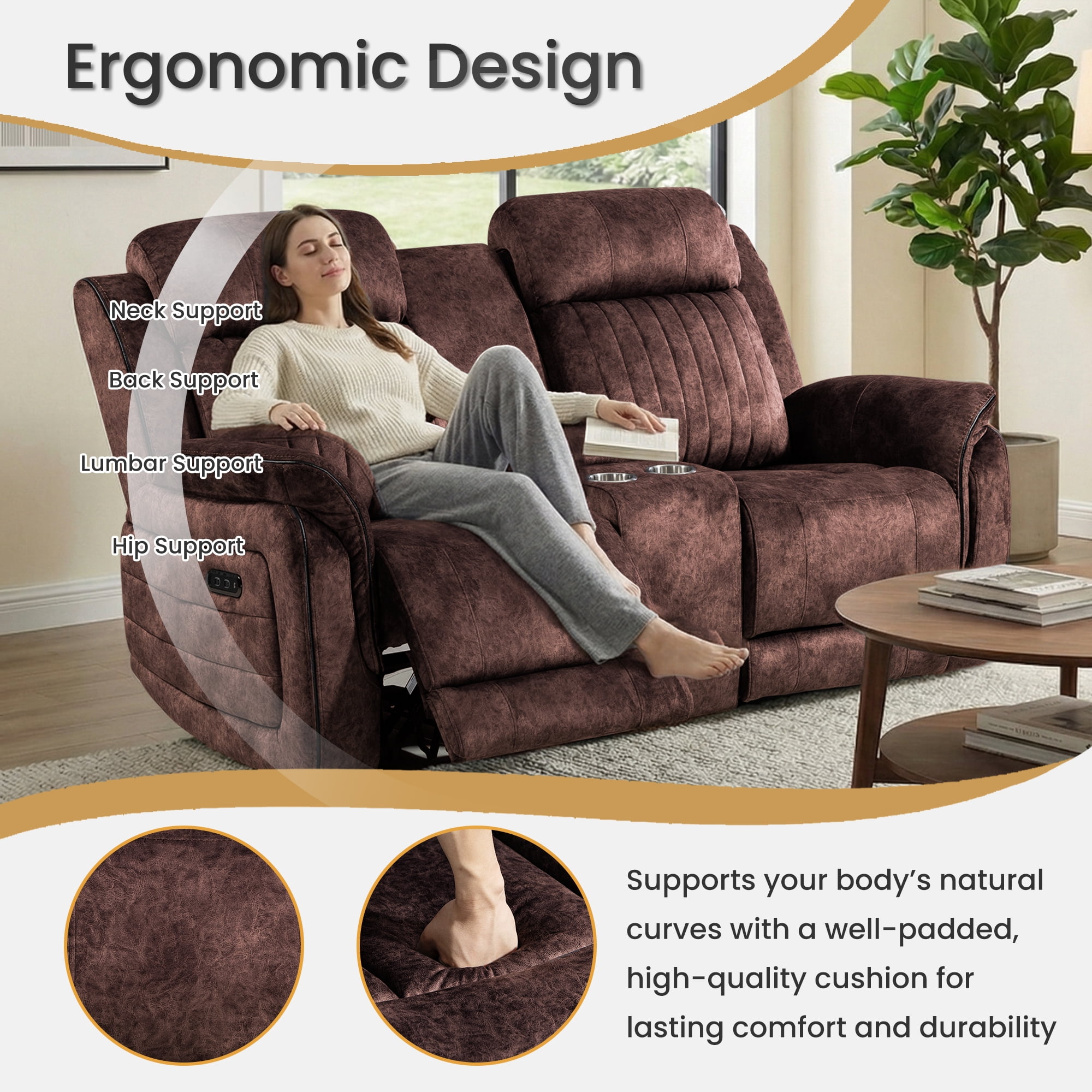 LVUYOYO Power Reclining Loveseat, Zero Gravity Loveseat Sofa with Adjustable Headrest, Storage Console, Cup Holders, Recliner Couch for Living Room (Brown)