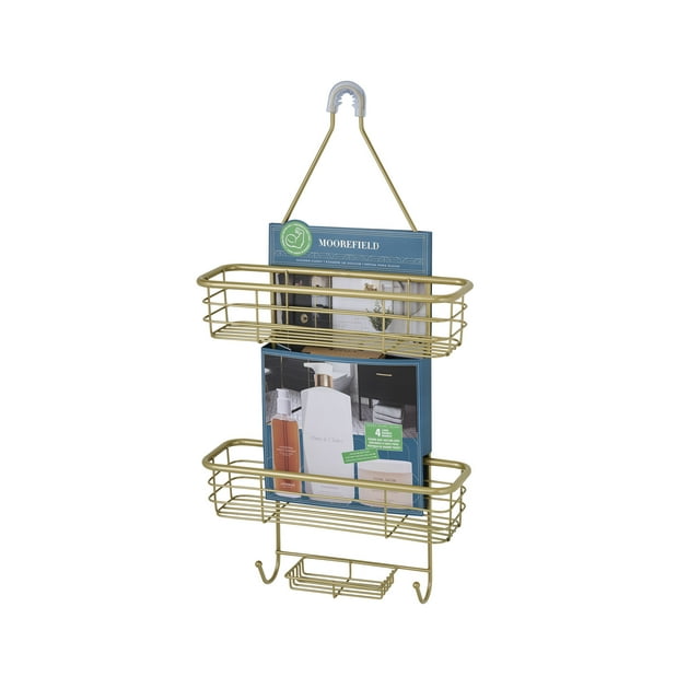 Moorefield Extra Wide 3-Tier Modern Hanging Shower Caddy, Non-Slip Neck & Suction Cups, No Drilling, Gold