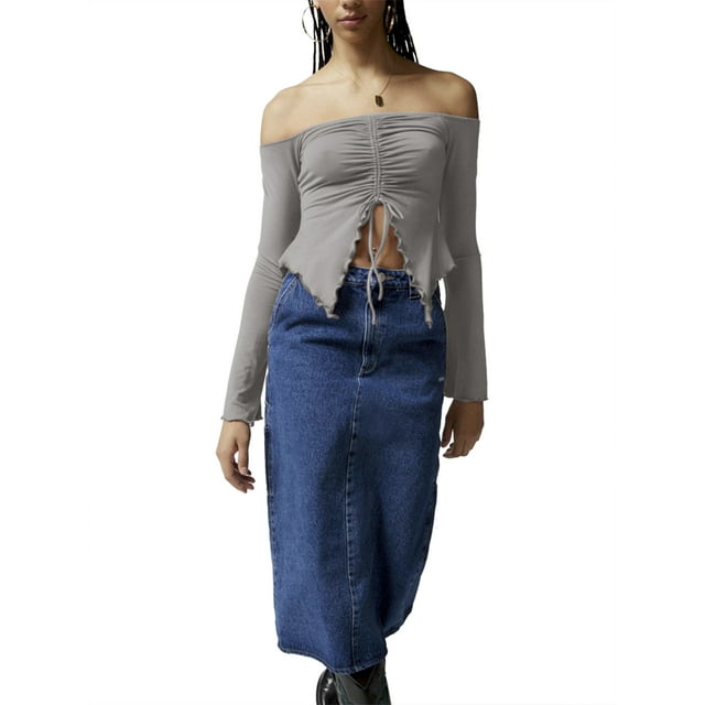 xiaxaixu Women's Crop Tops Solid Color Long Sleeve Off Shoulder Ruched Drawstring T-shirt for Spring Autumn