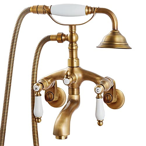 Robinet de Baignoire en Laiton Antique à Pieds Griffes Montage Mural Ensemble de Robinet de Douche à Main Double Levier avec Poignée Centrale de 6 Pouces avec Adaptateur Bras Oscillants Réglables