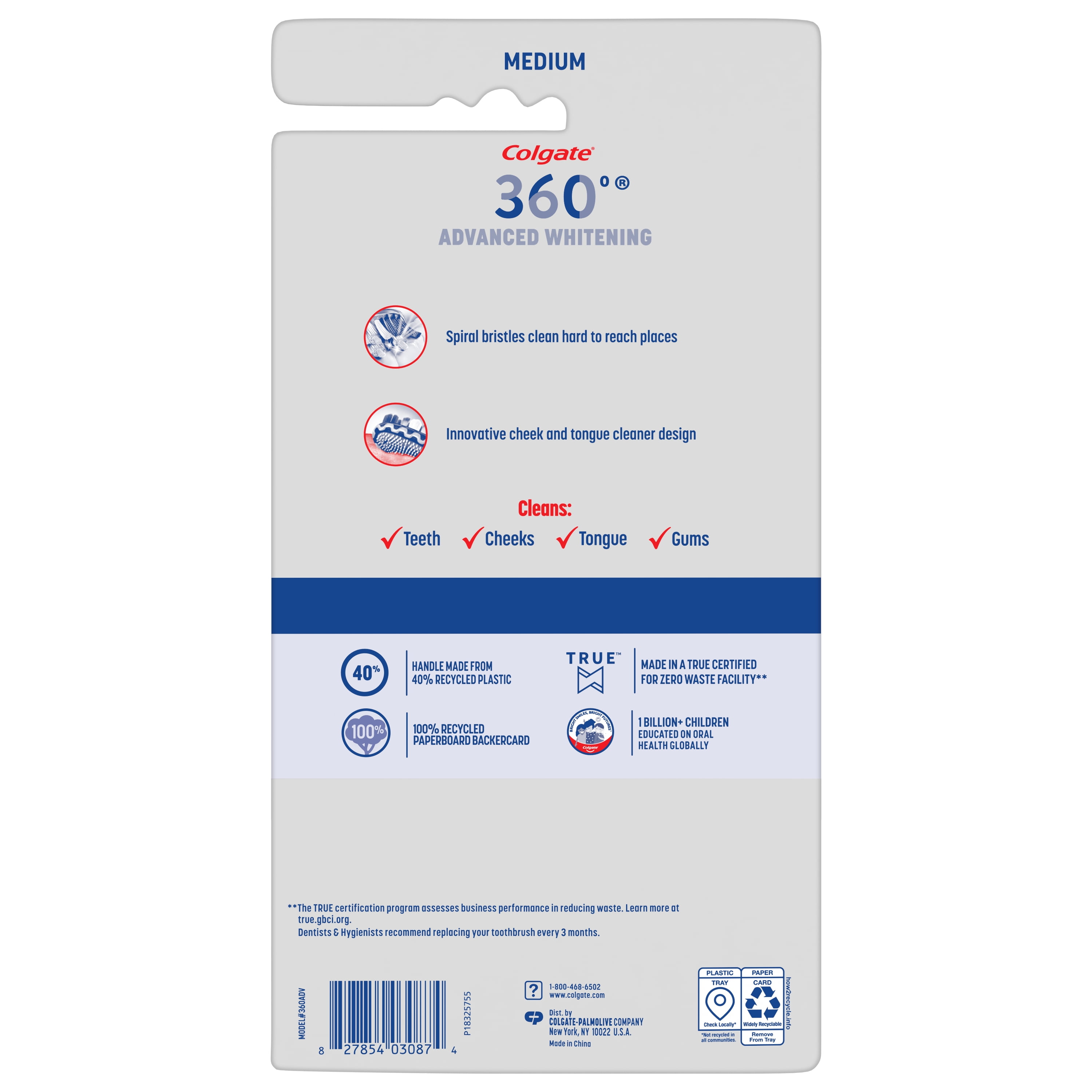 Colgate 360 Advanced Whitening Medium Toothbrushes, Manual Toothbrush Pack, 6 Count