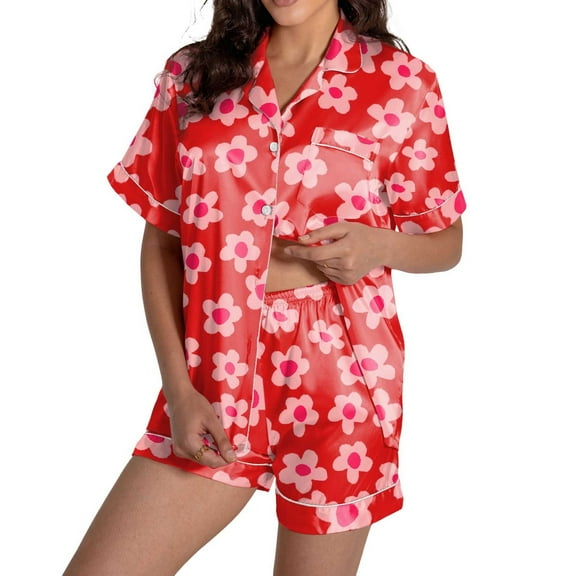 Wang6 Women's Satin Pajamas Sets with Shorts 2 Pieces Plus Size Pjs Sets Soft Short Sleeve V Neck Button Shirts Cute Floral Printed Sleepwear Loungewear Sets Red XL