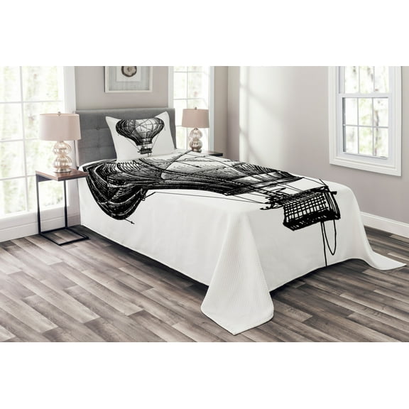 Ambesonne Black White Quilted Bedspread Set 2 Pcs, Balloon in the Sky, Twin Size, Black White