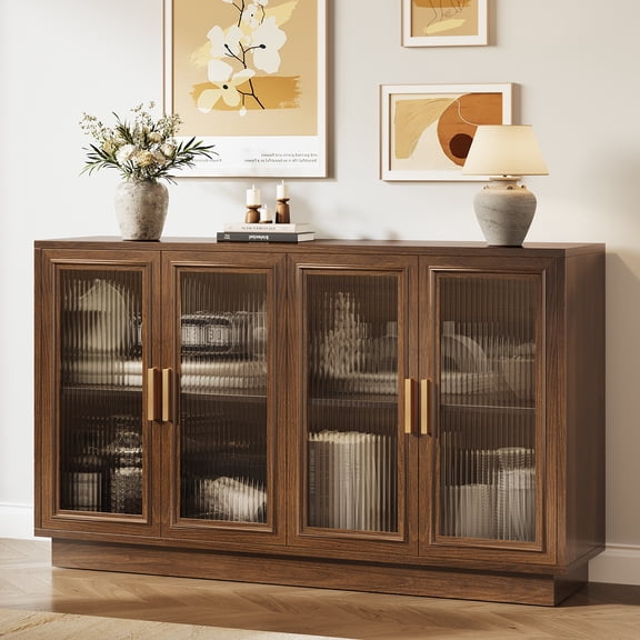 Maliowa 55" Sideboard Buffet Cabinet with Adjustable Shelf, Kitchen Storage Cabinet with 4 Acrylic Doors, Wood Coffee Bar for Living Room, Brown