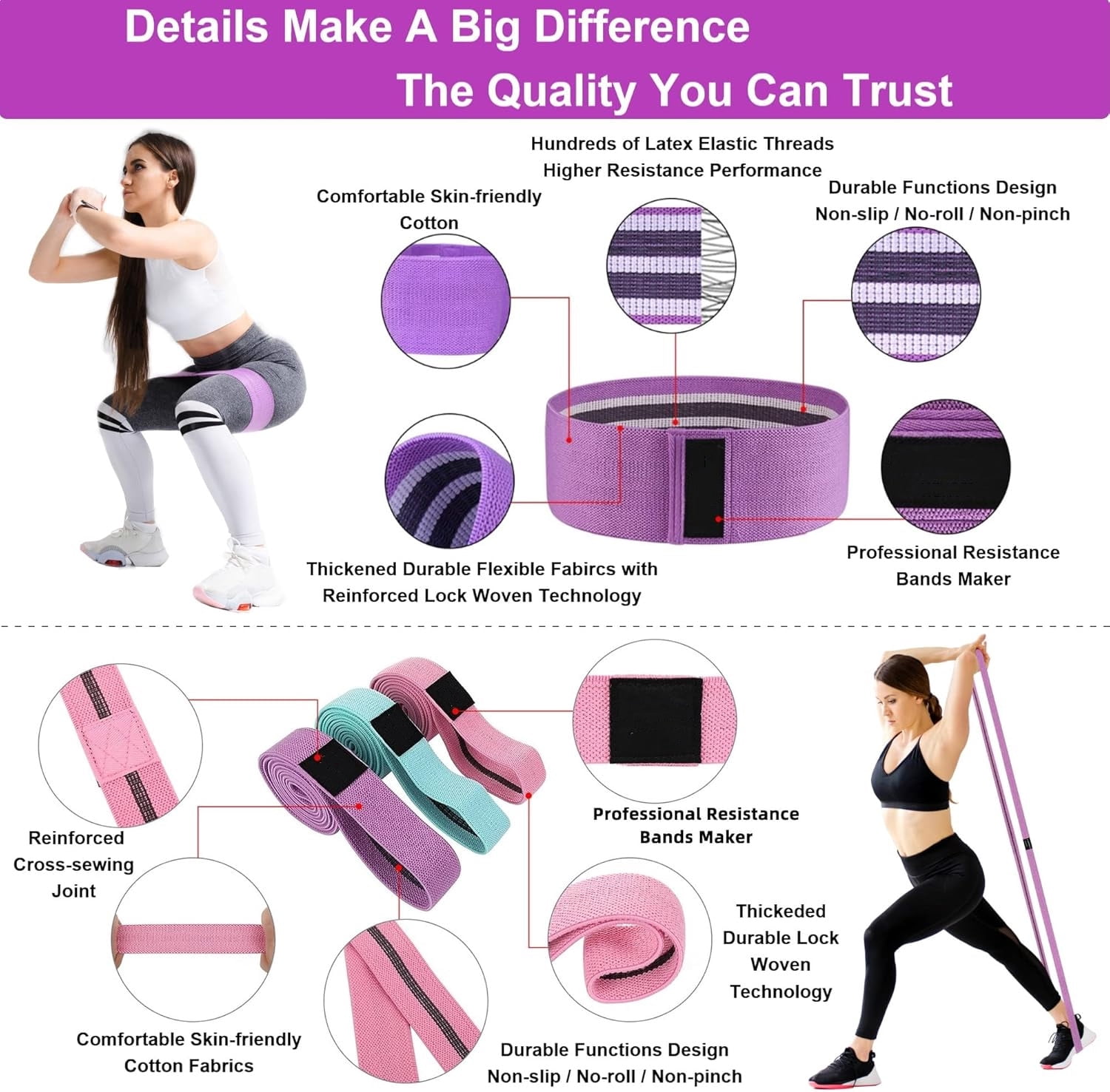 Fabric Resistance Bands - 6-Pack Set, 3*200CM,3*76CM Cloth Exercise Bands for Home Workout Strength Training, Yoga & Pilates | with Storage Bag