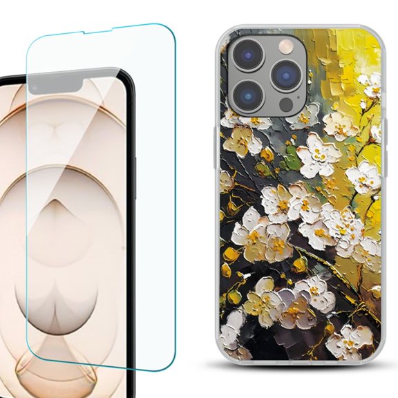 OneToughShield ® for iphone 13 Pro Shockproof Phone Case, with Tempered Glass Screen Protector - Plum Flower