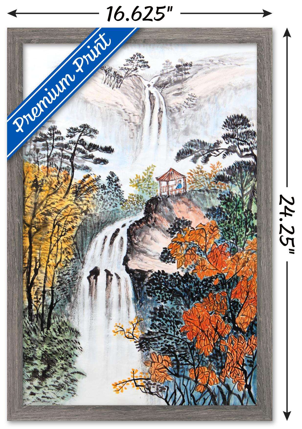 China Landscape with Waterfalls Wall Poster, 14.725" x 22.375", Framed