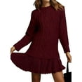 thumbnail image 2 of Robe Chandail en Tricot Torsadé pour Femme, Col Ras du Cou, Manches Longues, Mini-Robe Plissée, Style Deux-en-un, Robe Patchwork, Rouge Vin, TG, 2 of 7