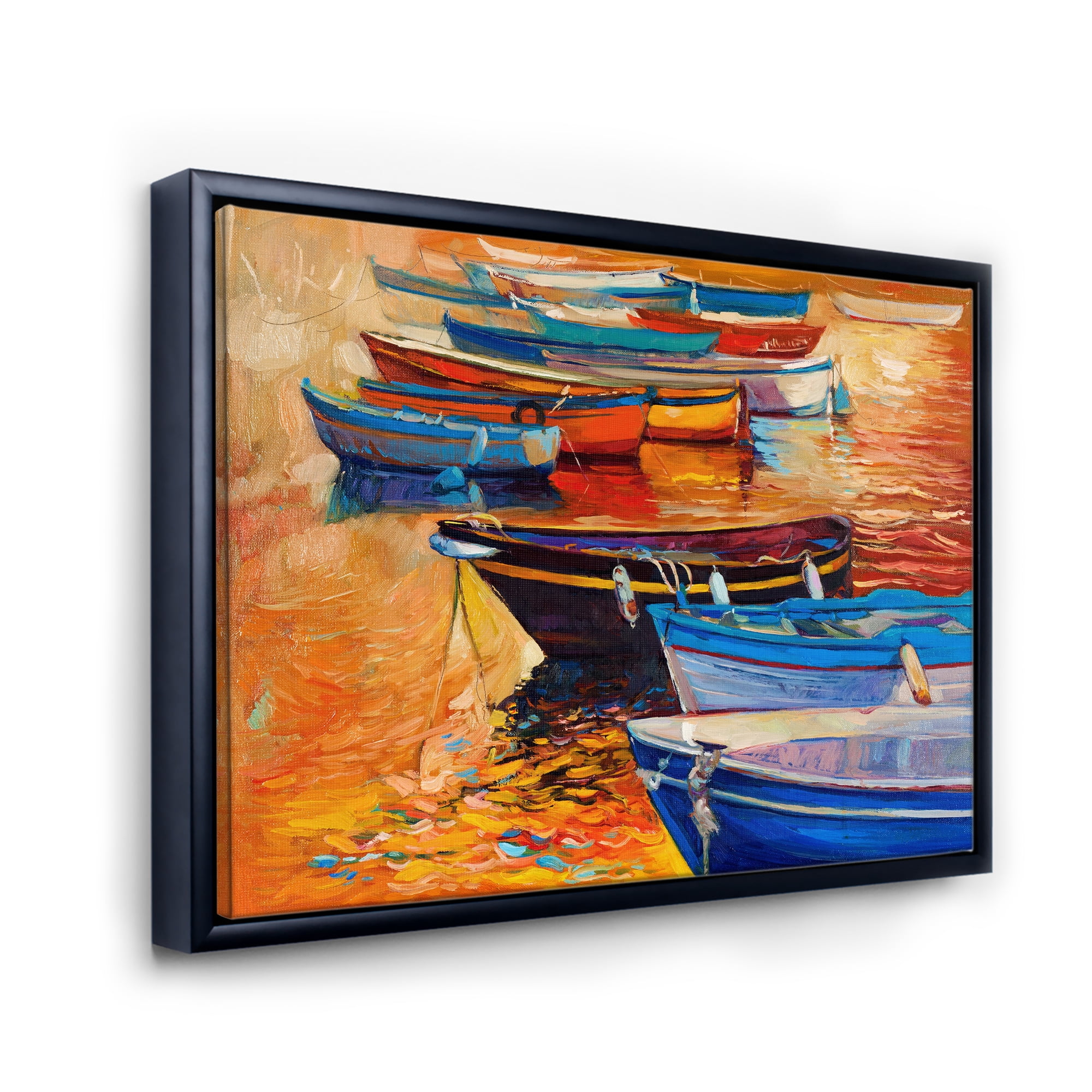 Designart 'Boats During Warm Colourd Sunset In The Harbor I' Nautical & Coastal Framed Canvas Wall Art Print