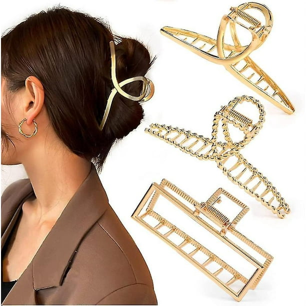Paquete de 3 pinzas de metal para el cabello, pinzas de metal grandes para mujeres y niñas, pinzas doradas para cabello fino, pinzas de plata vintage para cabello grueso, pinzas grandes de s