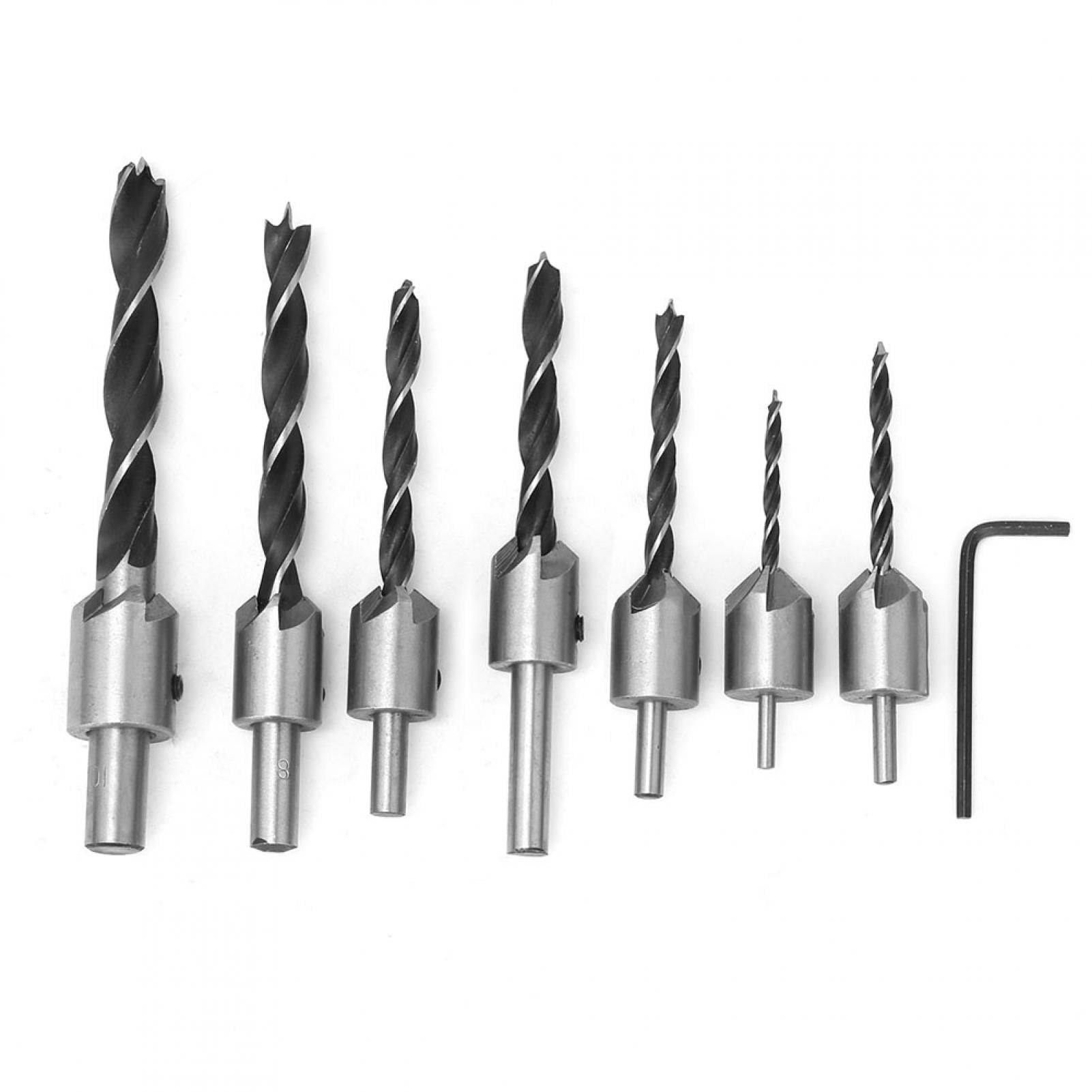 7PCS Drill Bits Set High Speed Steel Drill Bits Woodworking Chamfering Counter Bits Wood Drill Set with A Case and One Hex Key Wrench for Woodworking Countersink Drill Bit 3-10mm 