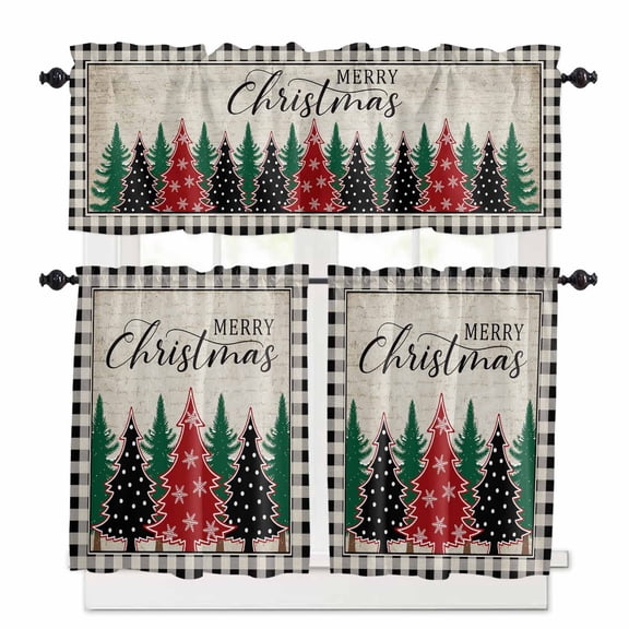 Merry Christmas Kitchen Curtains and Valances Set, Christmas Tree Winter Snowflake Retro Plaid Rod Pocket Window Valance Window Curtain Panels for Living Room Bedroom Laundry, 27.5x24in, 3 Pieces