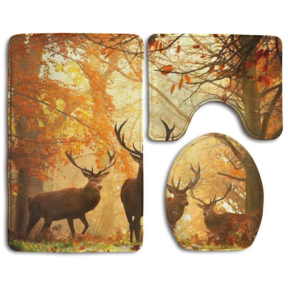 CHAPLLE Deer Autumn Forest 3 Piece Bathroom Rugs Set Bath Rug Contour