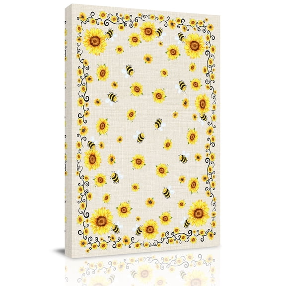 Yellow Flower Bee Canvas Wall Art for Living Room, Vintage Country Sunflower Floral Summer Bee Linen Texture Poster Print Painting for Bedroom Office Home Decor Wall Pictures Prepare To Hang 8"x10"