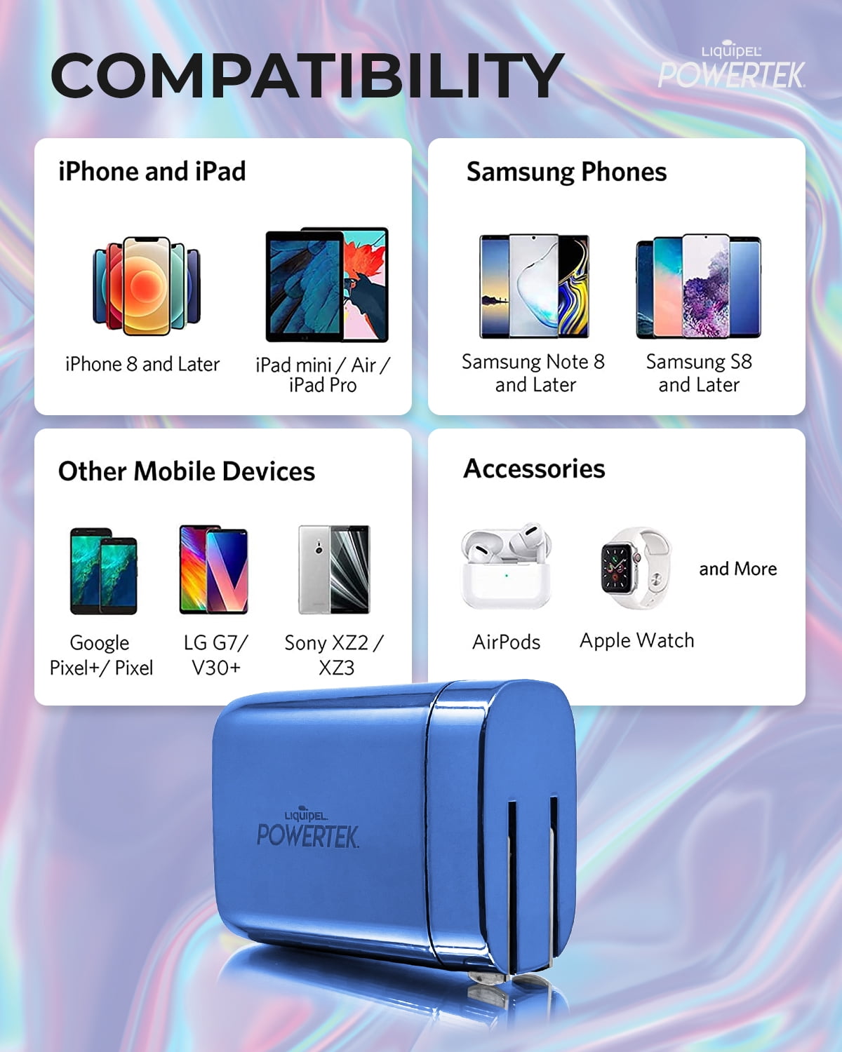Liquipel Powertek 20W PD USBC and 18W USB A Dual Port Wall Block Charger, Type C Fast Charging Cube, Wall Power Adapter with Foldable Plug, Metallic Shine Light Blue