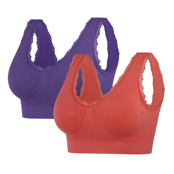KyCheLot Women's 2 Pack Seamless Bra Lace Trim Wirefree Stretchy with Pads Thin Breathable Everyday Bras