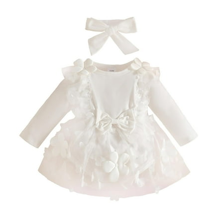 VNKIDY Girls Bodysuits Baby Girl White Floral Applique Romper Dress With Headband Long Sleeve Crewneck Tulle Bodysuit Outfit With Bow Decor For Toddle Leisure Onesie