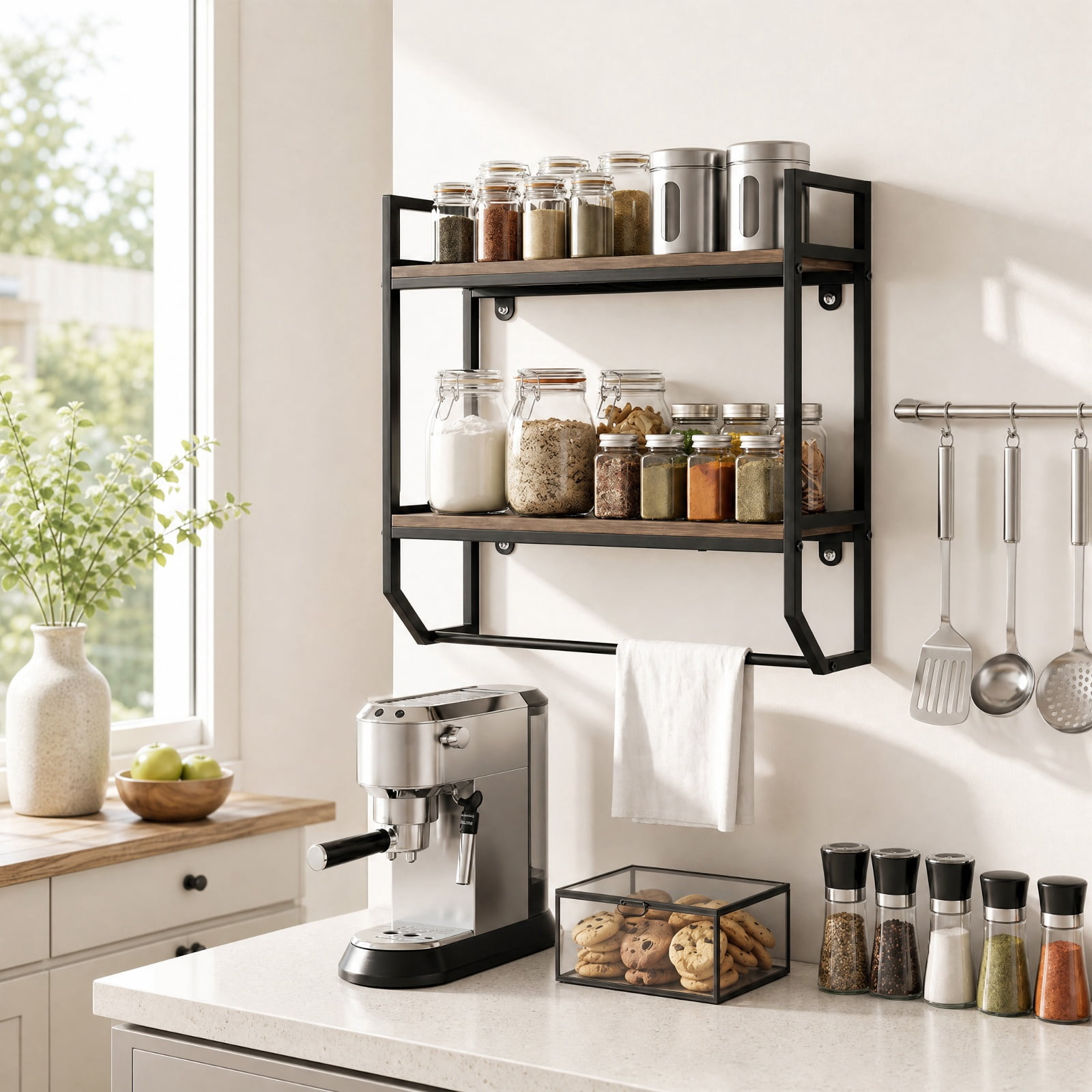 Vebreda Over-the-Toilet Storage Shelf with Metal Frame & Towel Bar, 2-Tier Wall-Anchored Bathroom Space Saver Organizer Rack Above Toilet, Rustic Brown