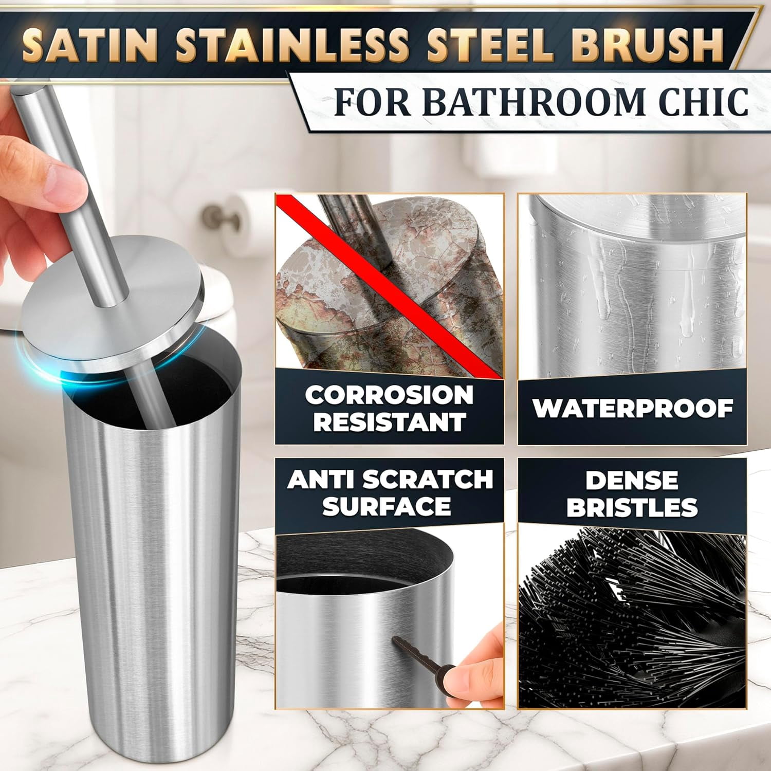 Silver Toilet Brush and Holder Set - Brushed Stainless Steel Gold Toilet Bowl Brush and Holder with Replacable Head, Removable Inner Bowl, and Splash Protection - Dense Bristles for Through Cleaning