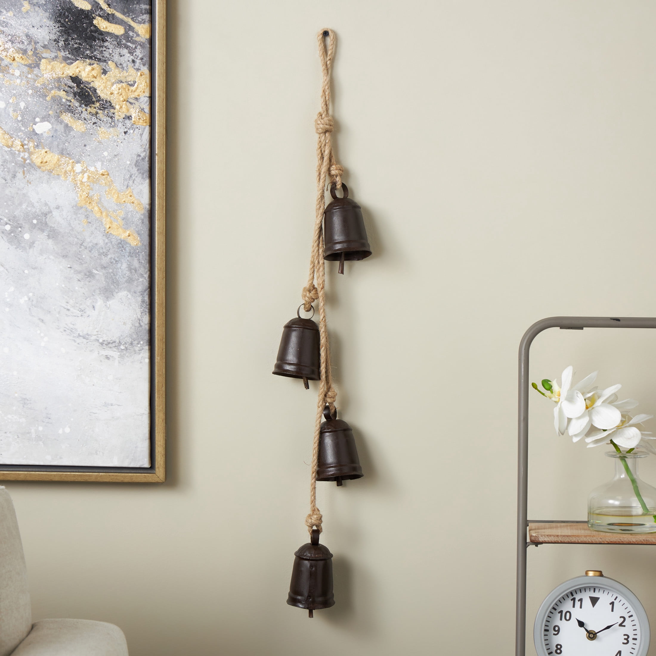 DecMode Tibetan Inspired Cascading Dark Brown Metal Cylindrical Decorative Bells with 4 Bells on Jute Hanging Rope