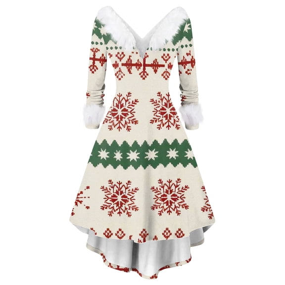 Women's Christmas Print Furry Party Dress - V-neck Casual Slim Long Sleeve, Beige, L