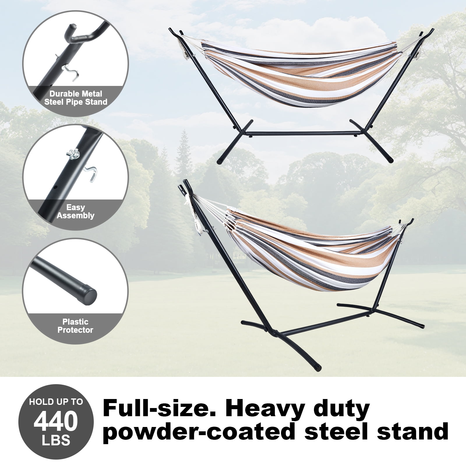 Double Hammock with Stand Sturdy 440lbs Capacity Hammock for Camping Outside Garden Outdoor Indoor Patio Backyard, Brown