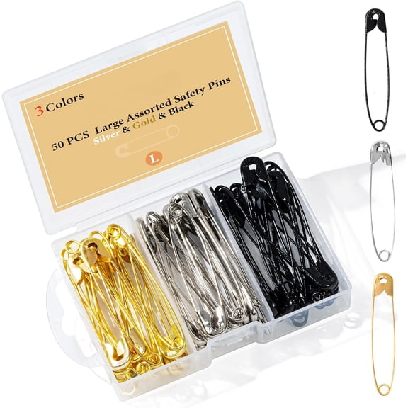 HearthHarmony 50 PCS Large Safety Pins Assorted, Silver and Black and Gold Safety Pins Bulk for Sewing and Clothes(56mm)