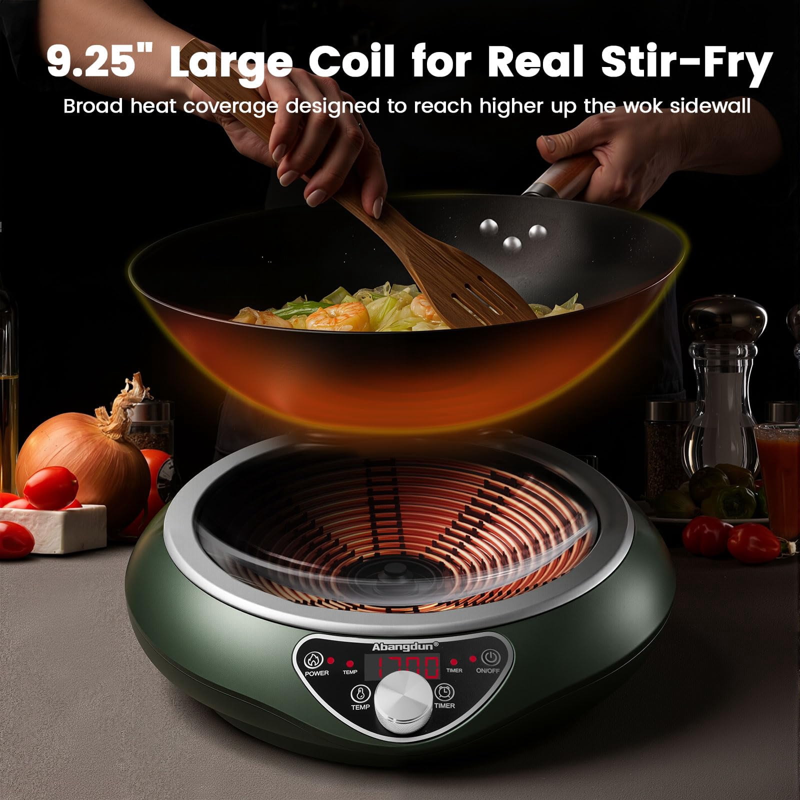 Abangdun 1700W 85V~120V Induction Cooktop Wok Burner 2026 New 1.97″ Deep Concave Curved Surface 16 level Power& Temp Ctrl Electric Stove Hot Plate Commercial Countertop Burner for Cooking Portable