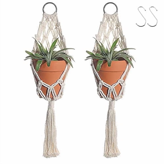 Boho Macrame Plant Hangers - Handmade Hemp Rope Hanging Baskets for Indoor Plants with Ceiling Hooks,Bohemian Home Decor Outdoor Wall Art (White Hanger-2pcs)