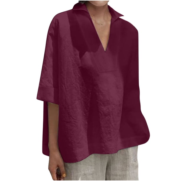Blusa suelta de algodón con cuello en V y solapa de manga corta a la moda de verano para mujer OAVQHLG3B Store lin121212