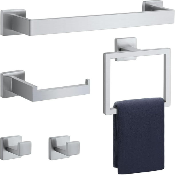 5 Piezas Juego de Accesorios de Baño, Accesorios para Baño, Toallero Baño 60cm + Portarrollos para Papel + Toallero Barra + 2 Gancho Adhesivo, 304 Acero Inoxidable - Plata