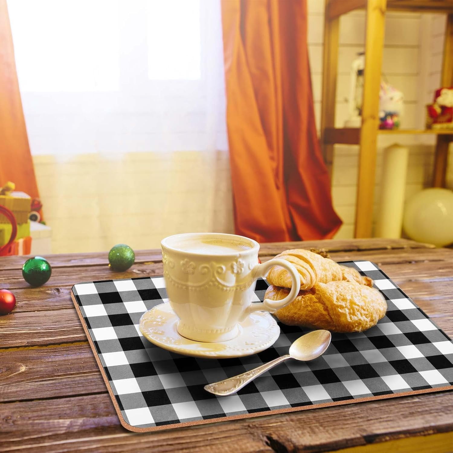 Plaid Cork Placemats Set of 8 Gingham Placemats 16 x 12'' for Kitchen and Dining Tables Heat Resistant Hard Thick Cork Backed Easy Clean Table Mats