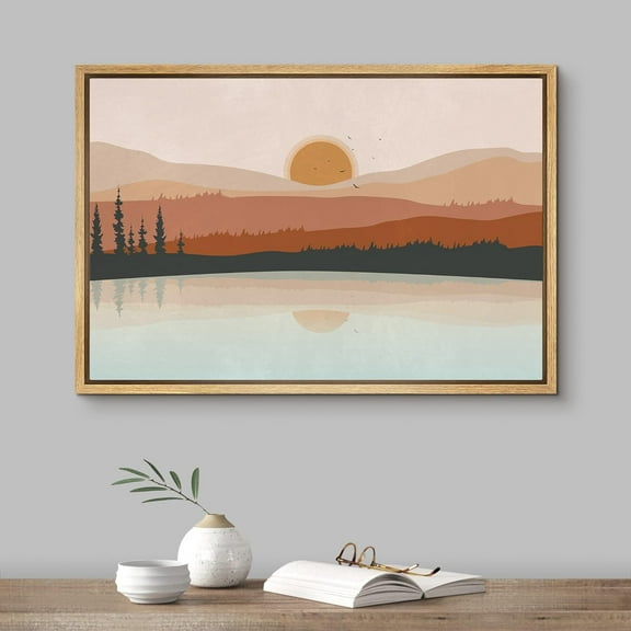 PixonSign Framed Canvas Print Wall Art Pastel Mountain Forest Range Lake Reflection Wall Print Nature Wilderness Illustrations Landscape Modern Artwork for Bedroom, Office - 16"x24" Natural