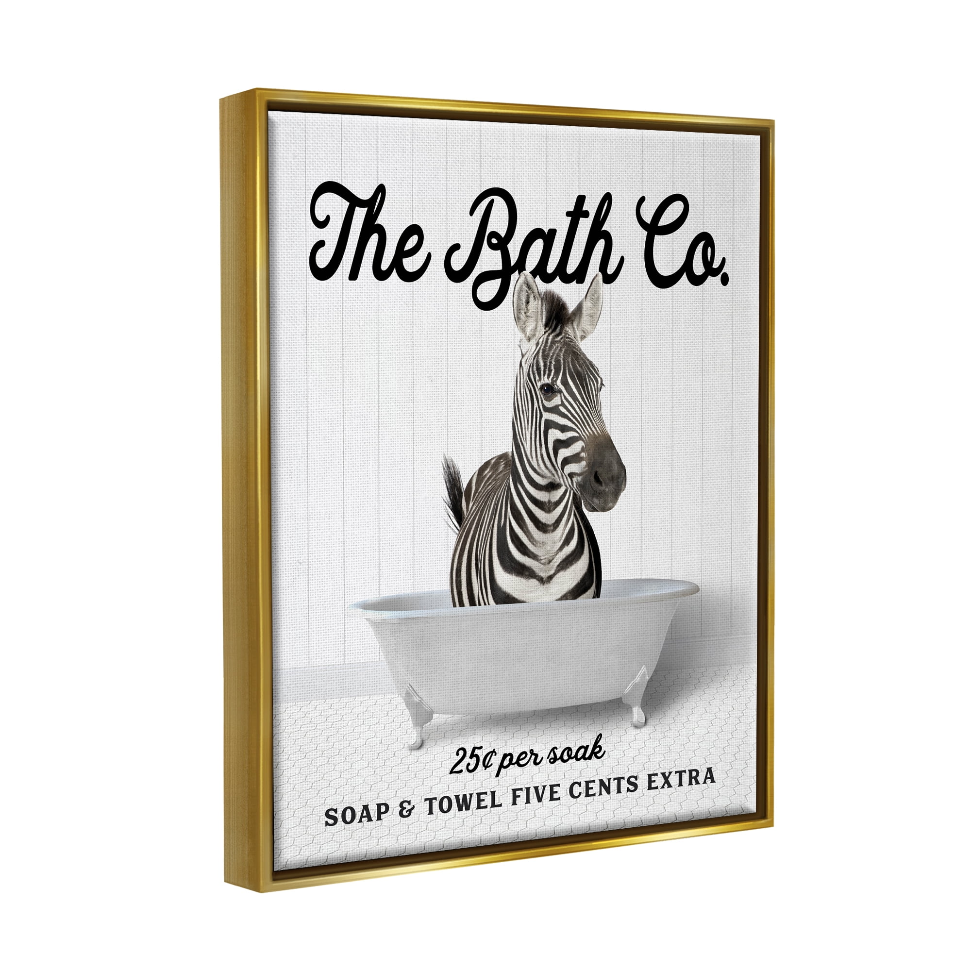 Stupell Industries Vintage Bath Ad Zebra Animals & Insects Painting Gold Floater Framed Art Print Wall Art, 17 x 21