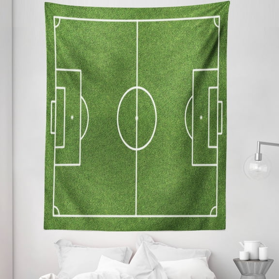 Teen Room Tapestry, Soccer Field Grass Motif Stadium Game Match Winner Champion Sports Area, Fabric Wall Hanging Decor for Bedroom Living Room Dorm, 5 Sizes, Fern Green White, by Ambesonne