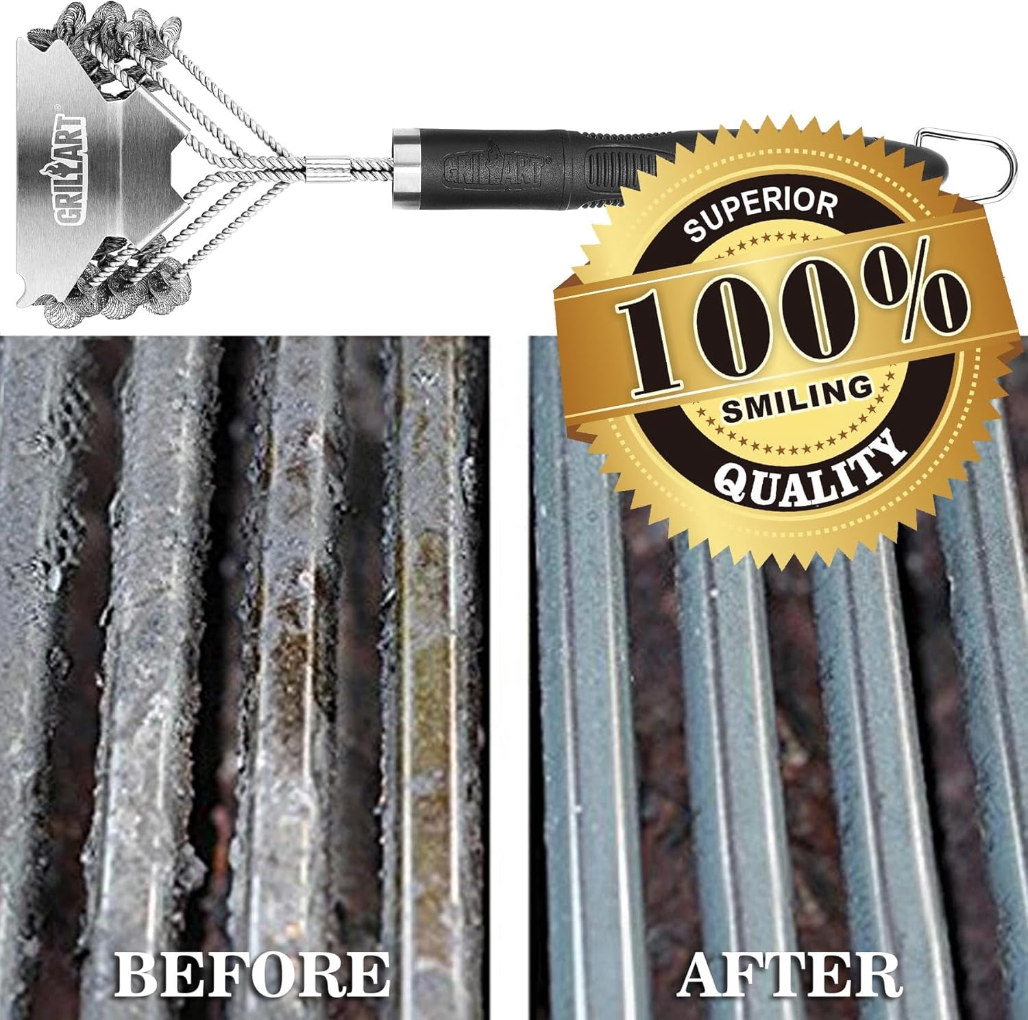 CUKIXA 3-Head Stainless Steel Grill Brush and Scraper, Bristle-Free BBQ Grill Cleaner Tool with 18" Handle, 6.1" Scraper for Porcelain, Weber Gas & Charcoal Grills (0.94lb)