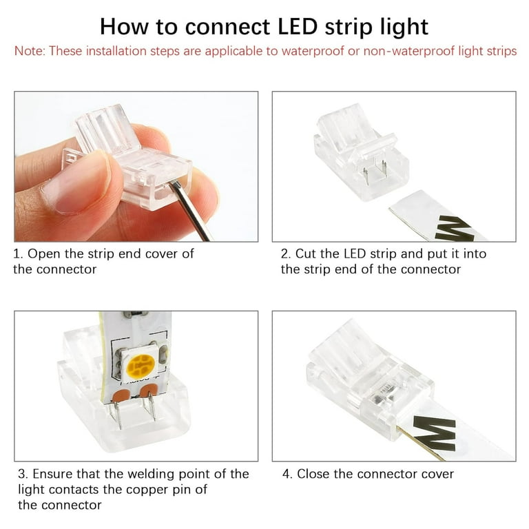 RGBZONE 10Pcs LED Strip Connector 4 Pin 8mm,Wide Strip to Wire Quick  Connectors for Waterproof or Non-Waterproof 8mm Wide RGB SMD 5050/3528 LED  Light